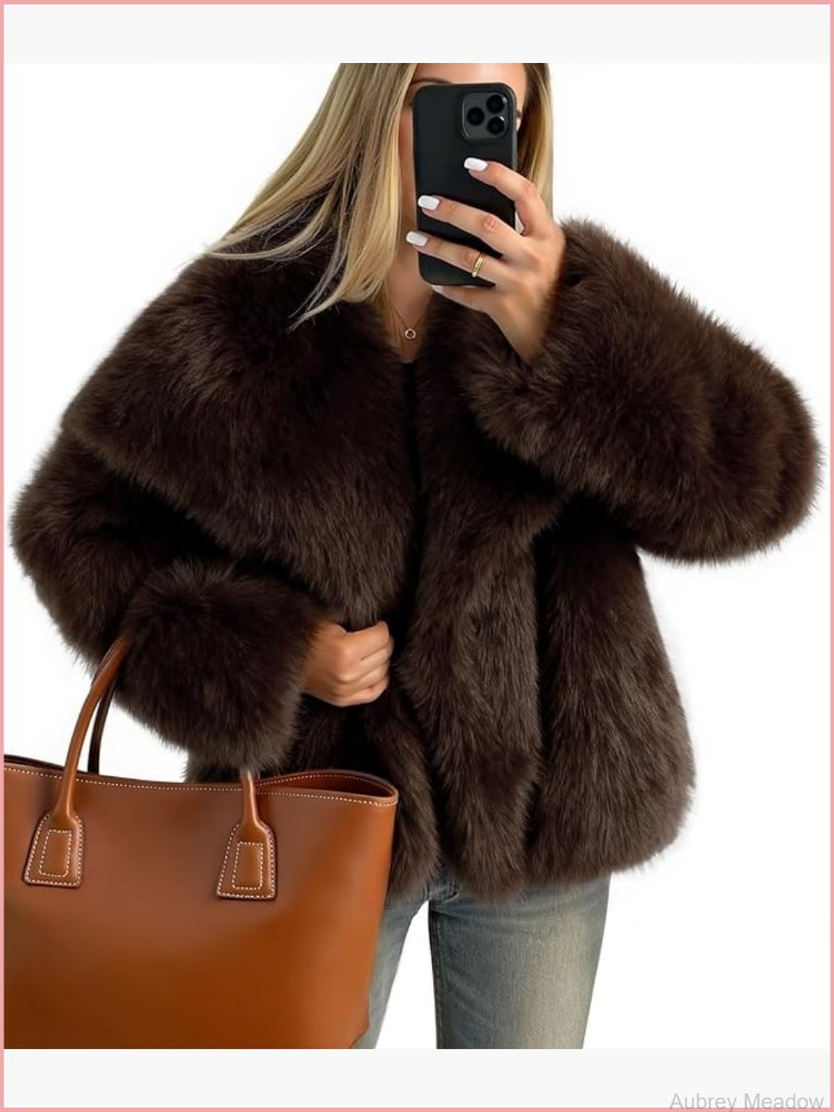 Faux Fur Cocoon Coat With Pockets Long Sleeve Lapel Winter Jacket